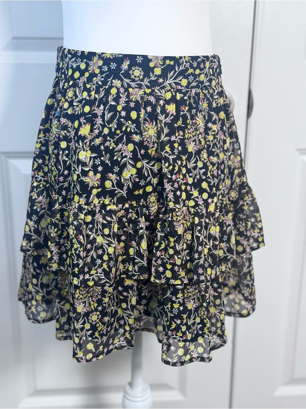 Boden Floral Ruffle Mini Skirt 6 Navy Tiered Metallic Boho Cottagecore Lined